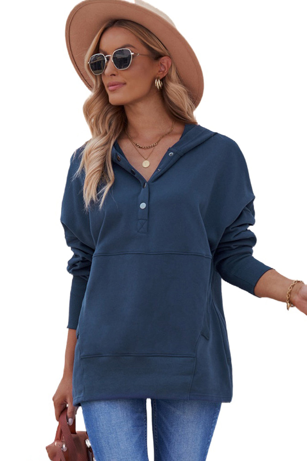 Turquoise Batwing Sleeve Pocketed Henley Hoodie