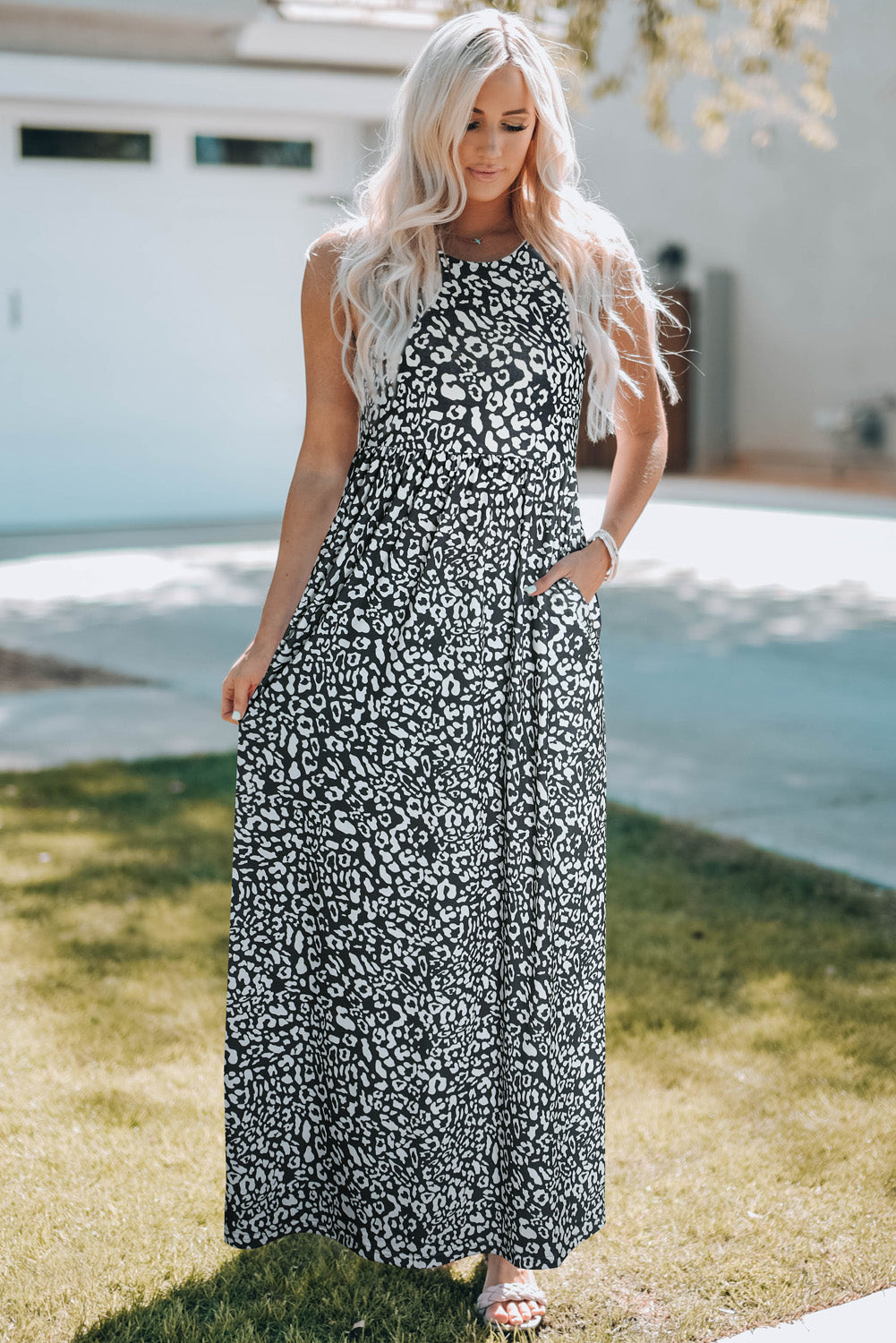 Animal Print Long Sleeve Empire Waist Maxi Dress