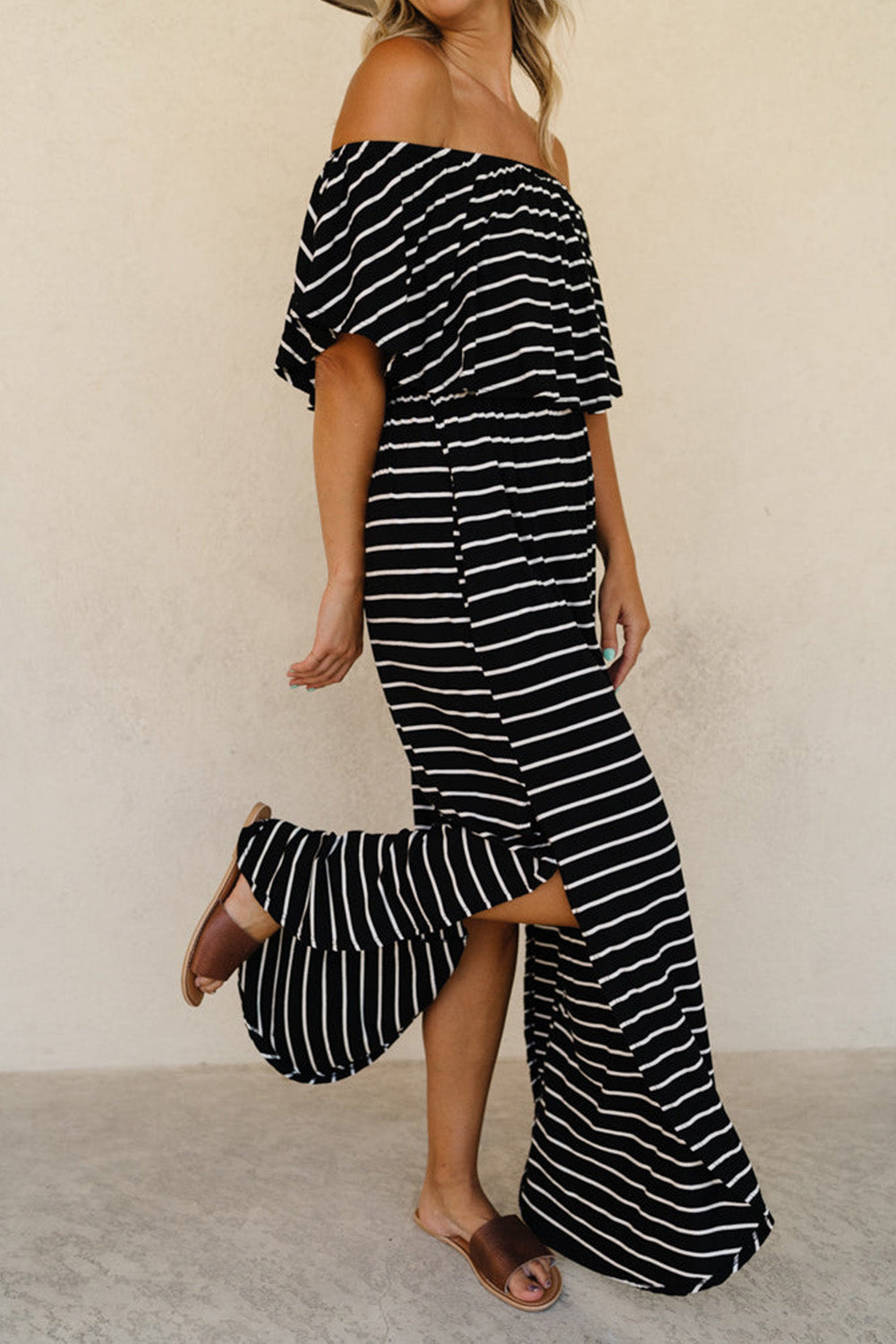 Striped Print Ruffled High Waist Maxi Dress with Side Splits