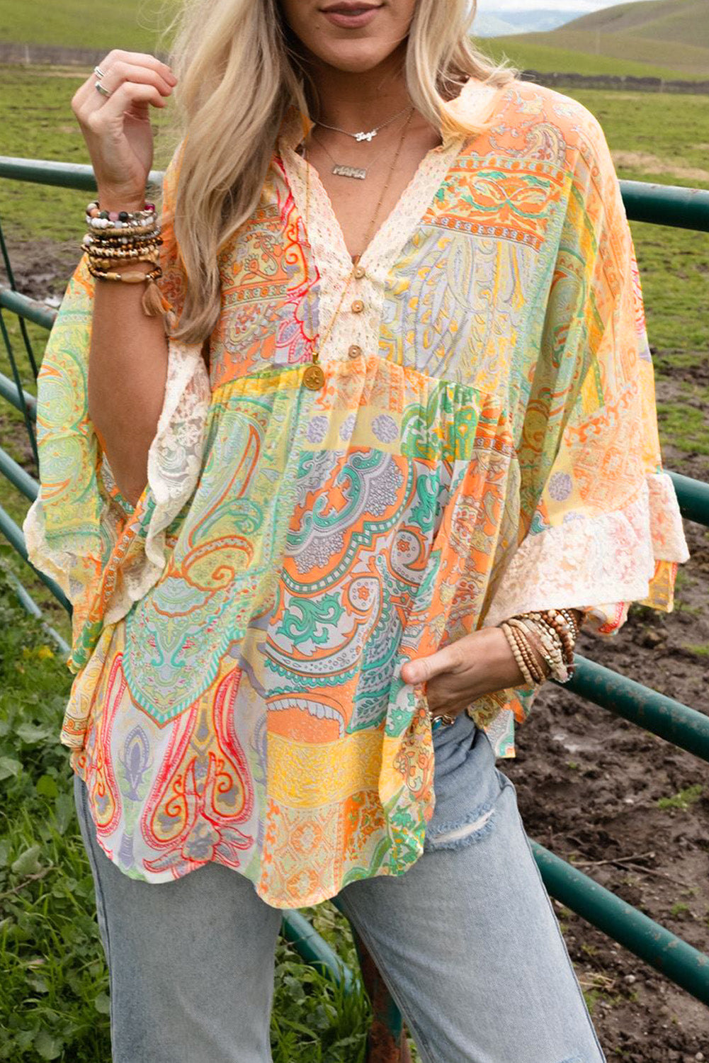 Paisley Print Bell Sleeve Lace V-Neck Button Sheer Blouse