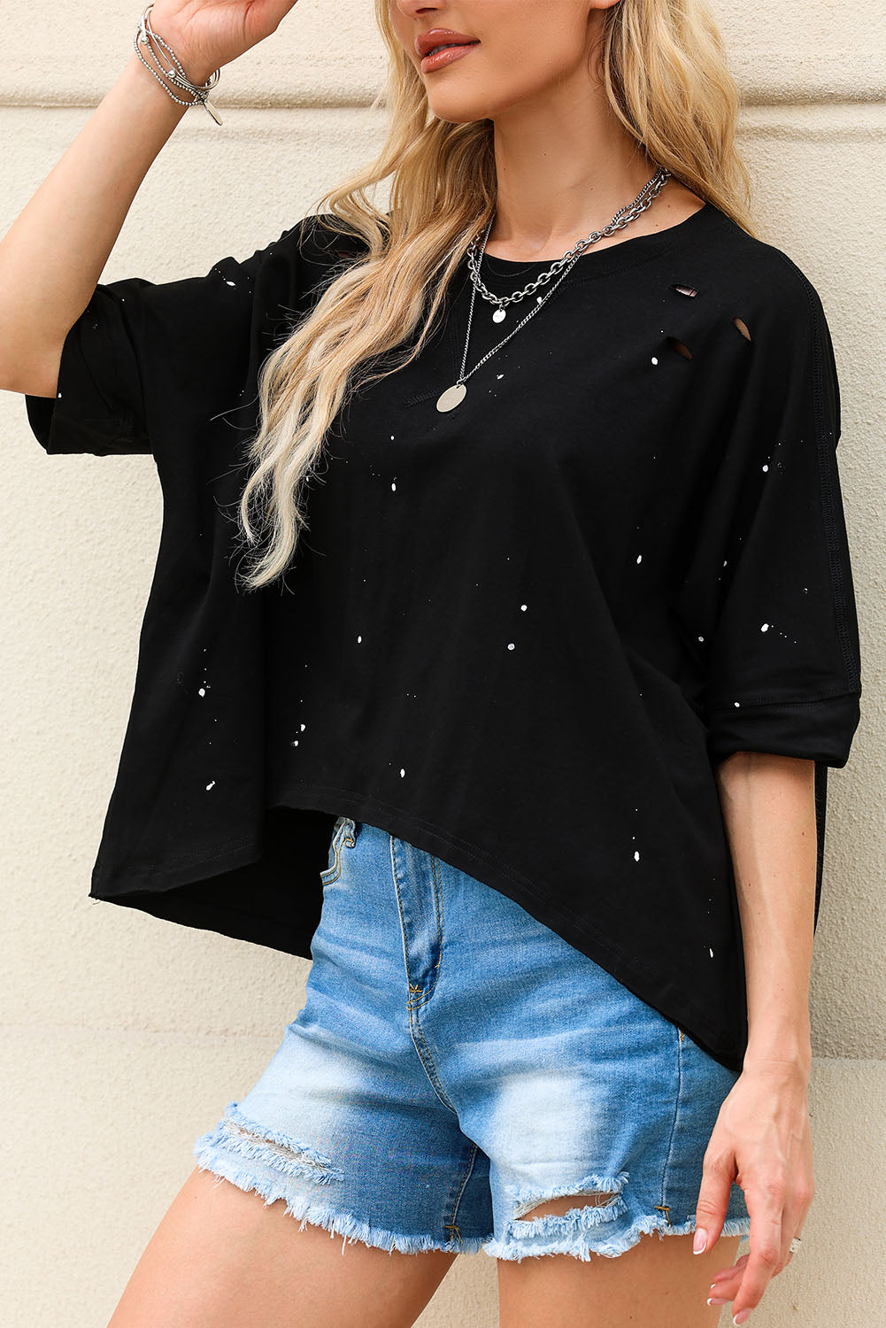 Distressed Bleached Asymmetric Hem Short Sleeve Top