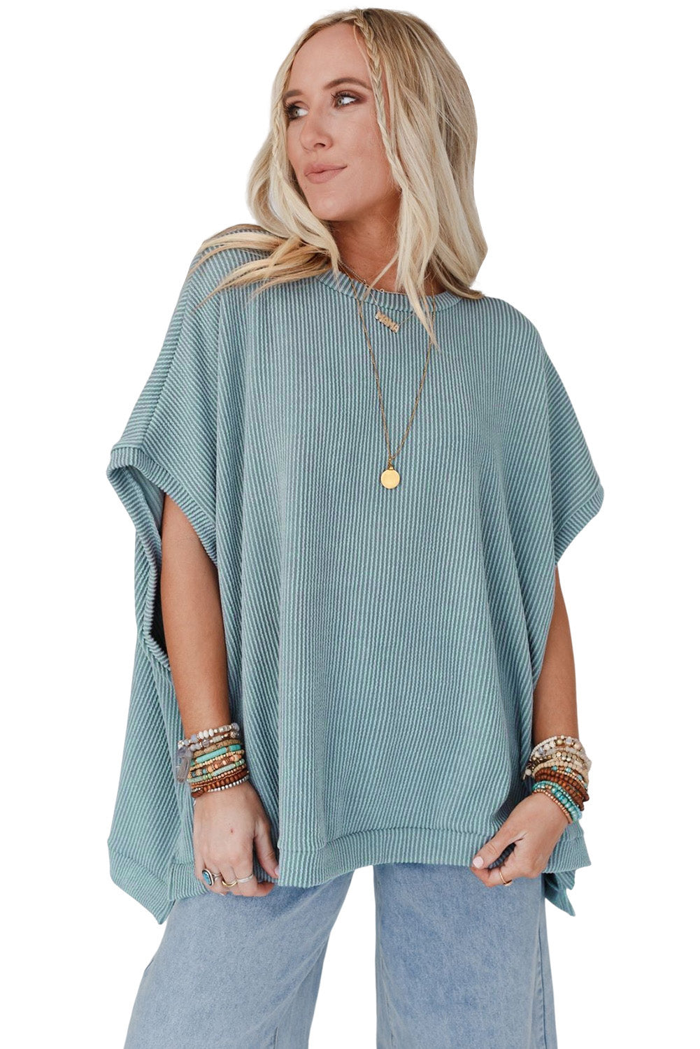 Ribbed Knit Batwing Sleeve Tunic Oversized T Shirt