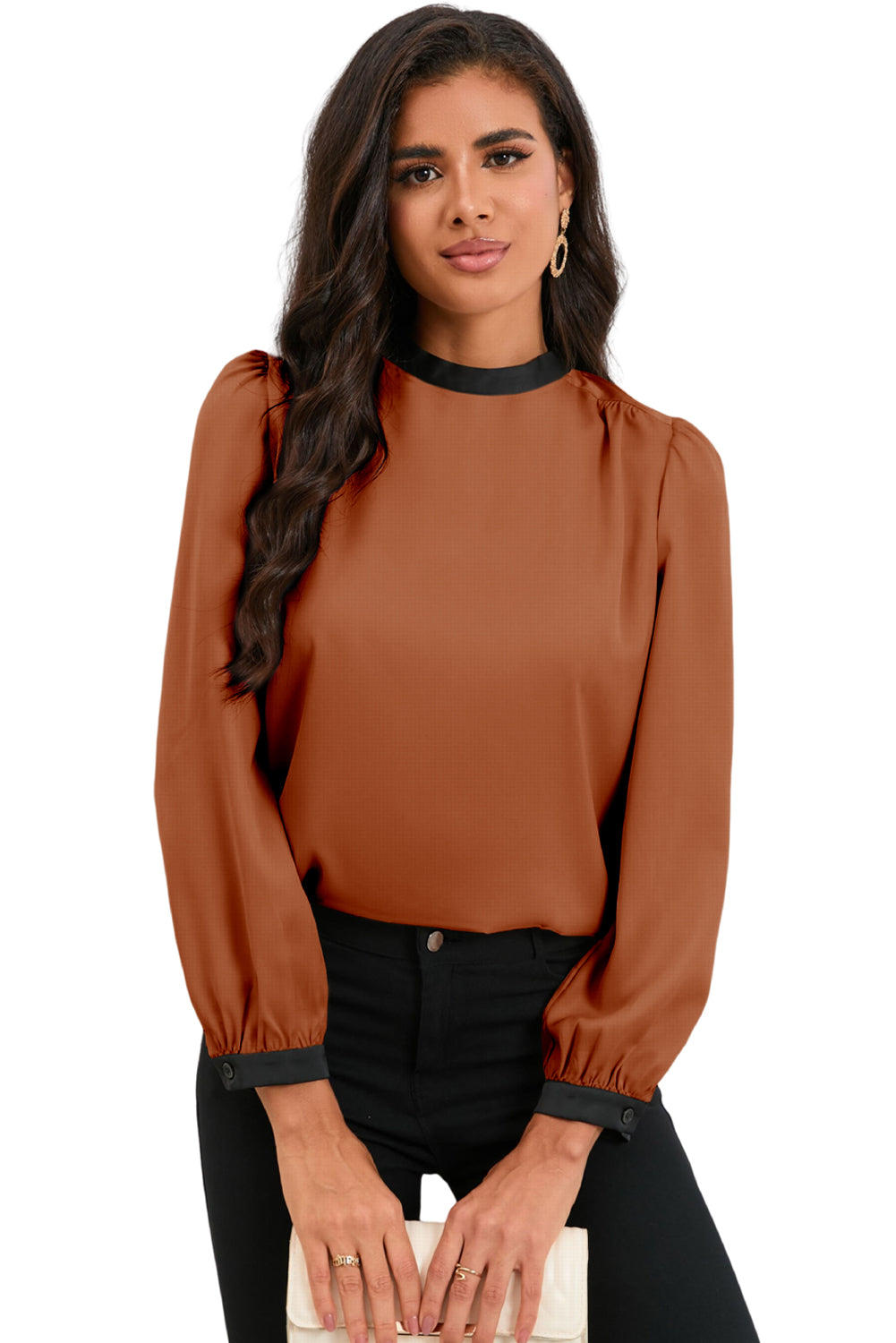 Color Block Bow Back Mock Neck Blouse