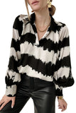 Striped Turn Down Collar Balloon Sleeve Blouse