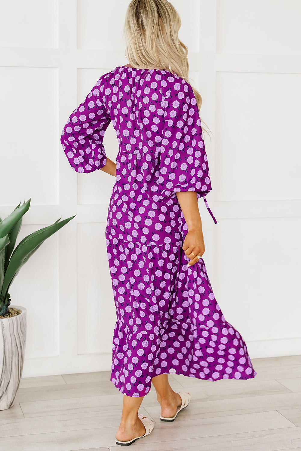 Robe longue violette imprimée bohème à manches bouffantes