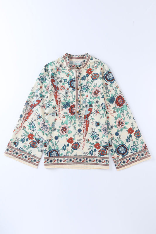 Peacock Floral Print Loose V Neck Shirt