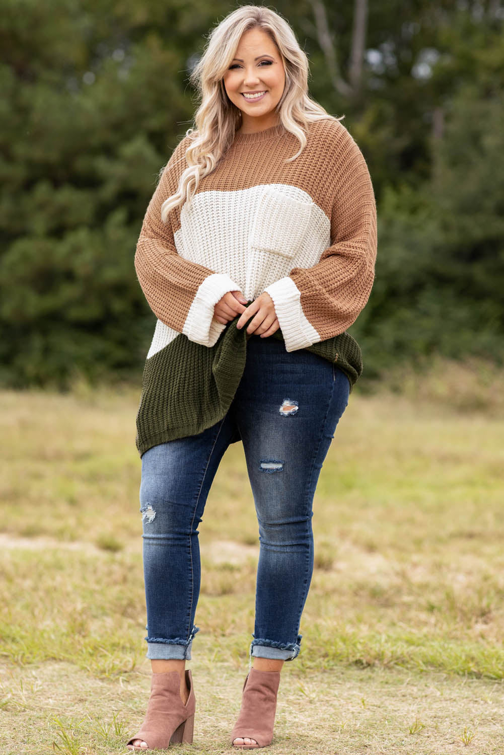 Khaki Color Block Tiered Knit Plus Size Sweater