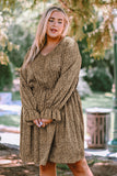 Plus Size Ruffled Long Sleeve Animal Spotted Print Dress