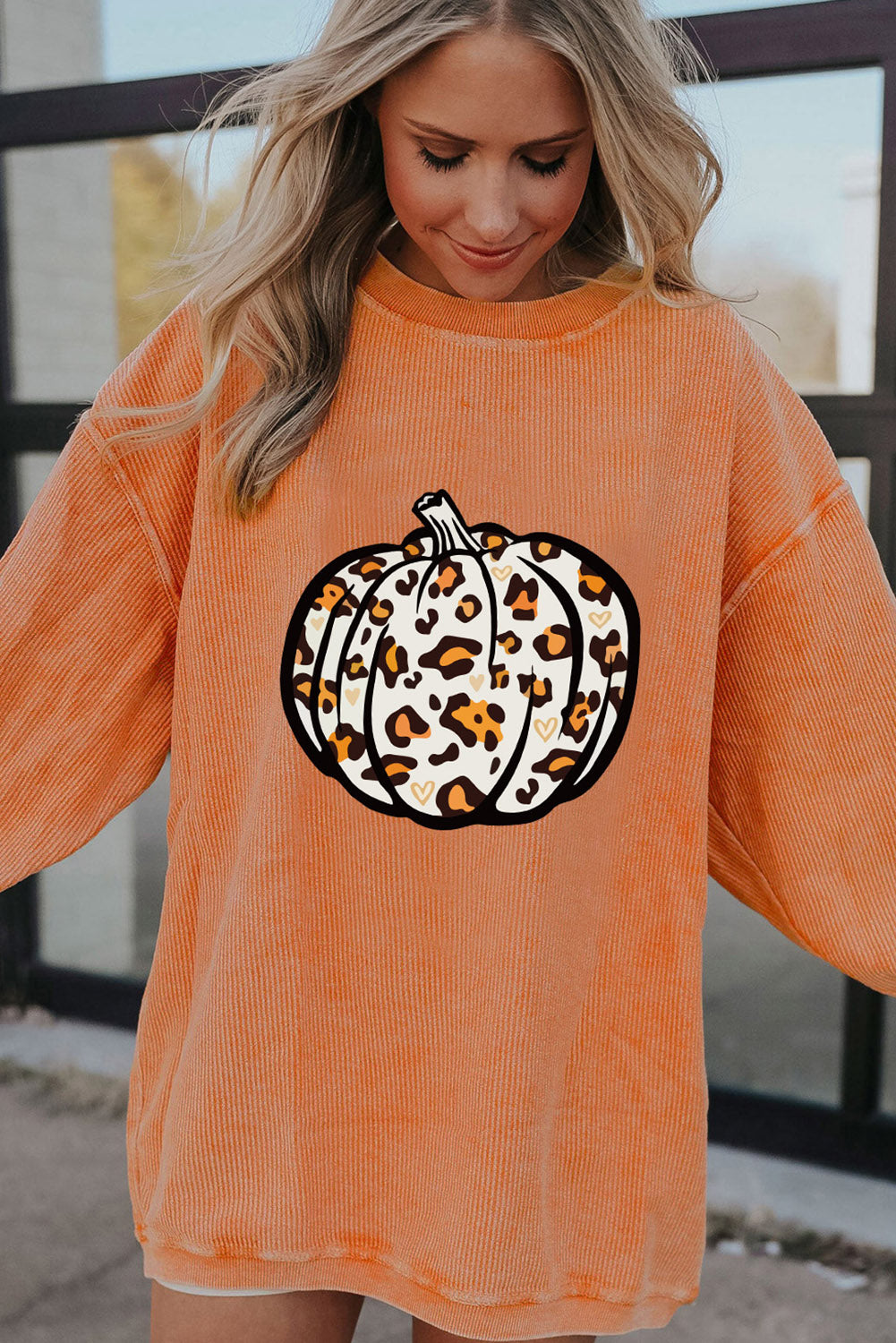 Orange Spooky Season Ghost Print Ribbed Pullover Sweatshirt