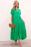 Notch V Neck Bubble Sleeve Tiered Maxi Dress