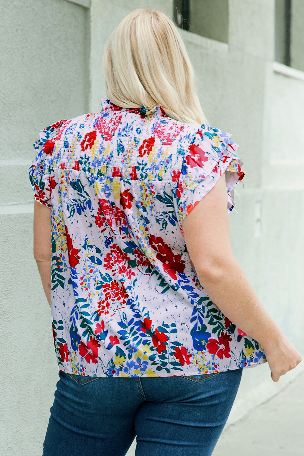 Plus Floral Print Ruffle Cap Sleeve V Neck Blouse