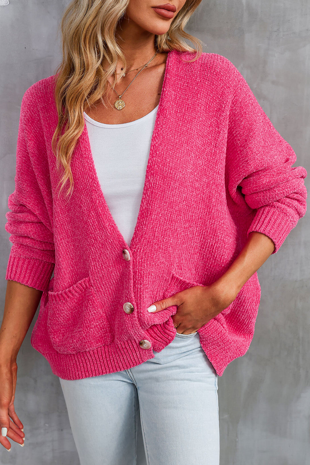 Buttons Front Pocketed Sweater Cardigan