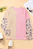 Plus Size Leopard Sleeve Color Block Waffle Knit Top