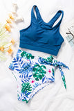 Red Sky Blue Floral Printed High Waist Waist Lace Up Bikini Set