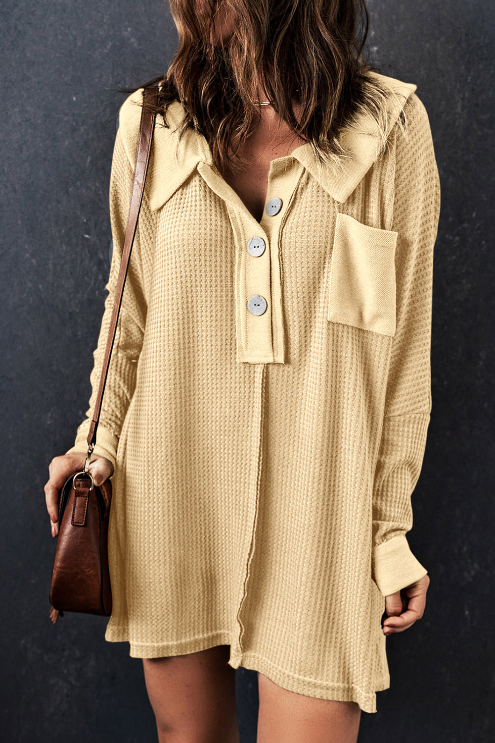 Brown Waffle Knit Buttoned Long Sleeve Top