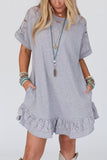 Light Grey Lace Floral Patchwork Ruffled T-shirt Dress