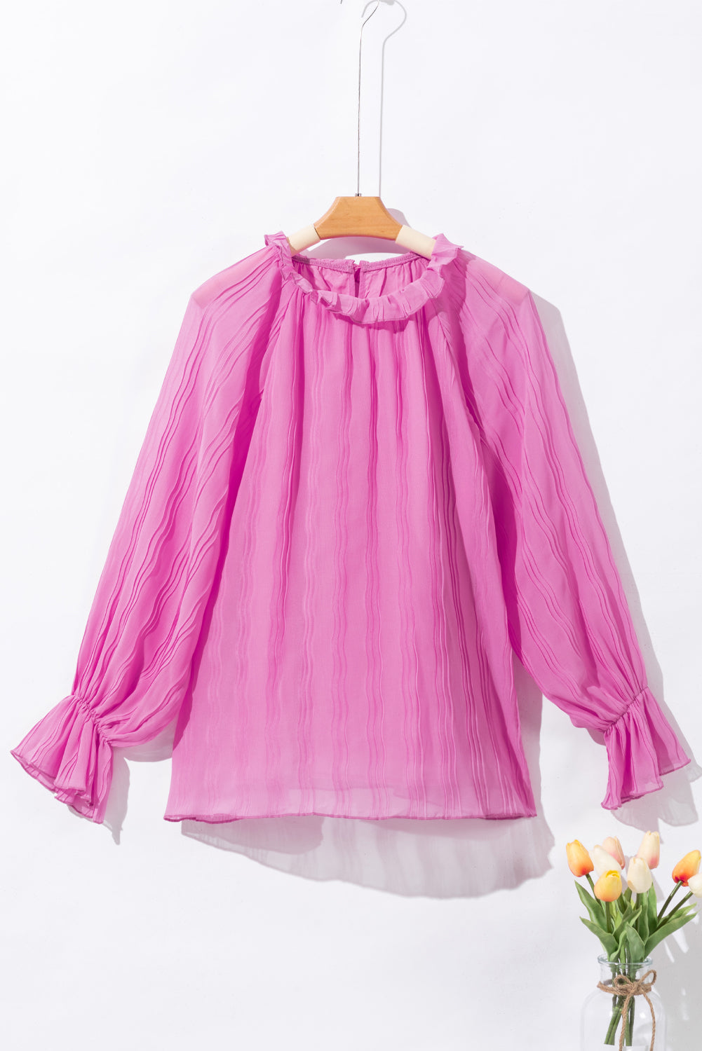 Striking Pleated Flared Cuff Long Sleeve Blouse