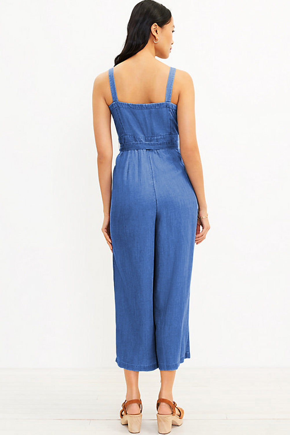 Buttoned Wide Leg Belted Chambray Strappy Jumpsuit