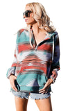 Multicolor Aztec Print Zipped Split Neck Hoodie