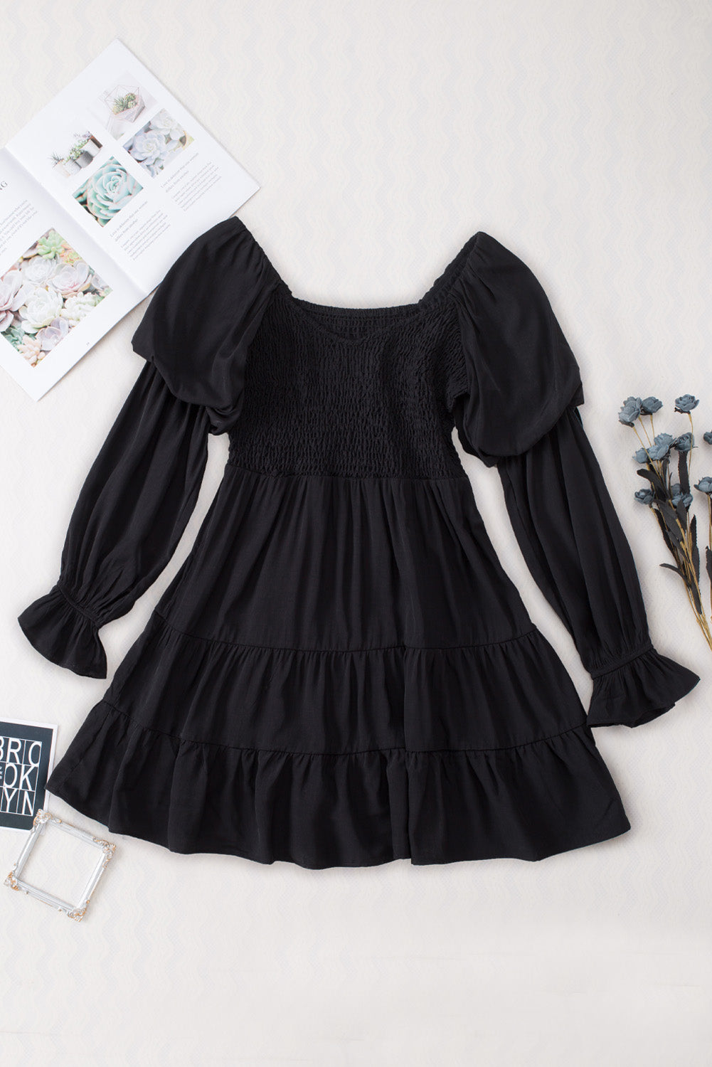 Boho Solid Shirred Ruffle Mini Dress