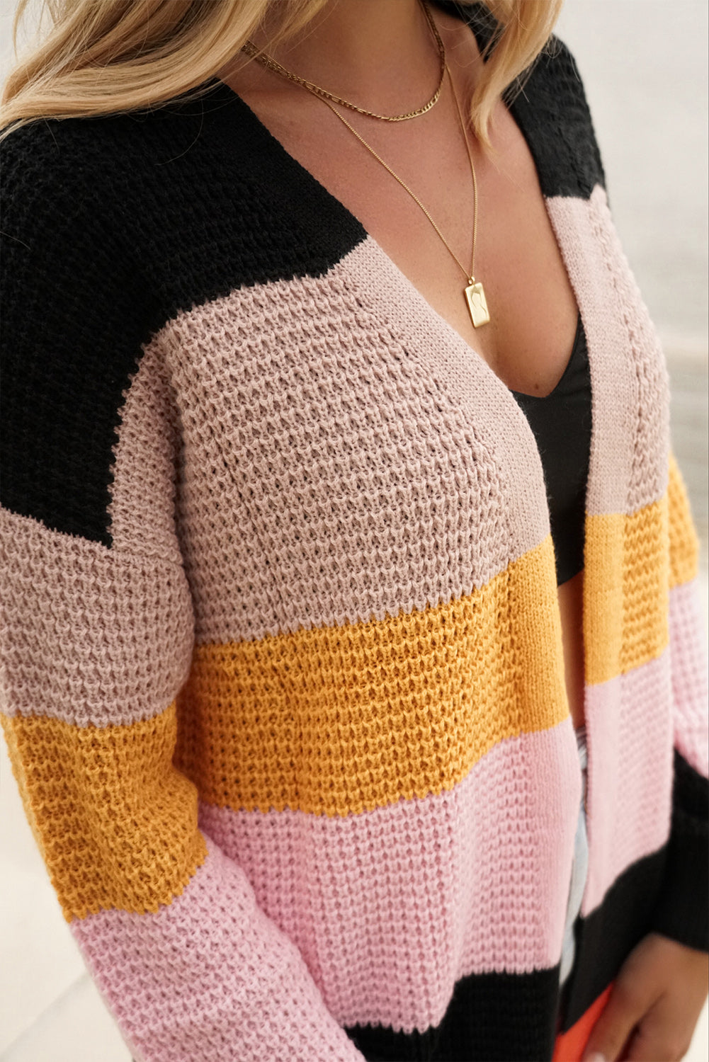 Waffle Knit Color Block Open Front Cardigan