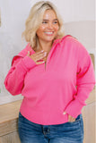 Solid Ribbed Trim Plus Size Zip Collar Sweater