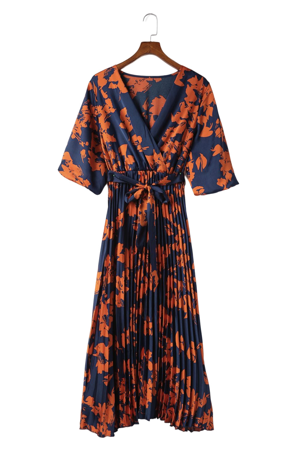 V Neck Wrap Pleated Maxi Floral Dress with Tie