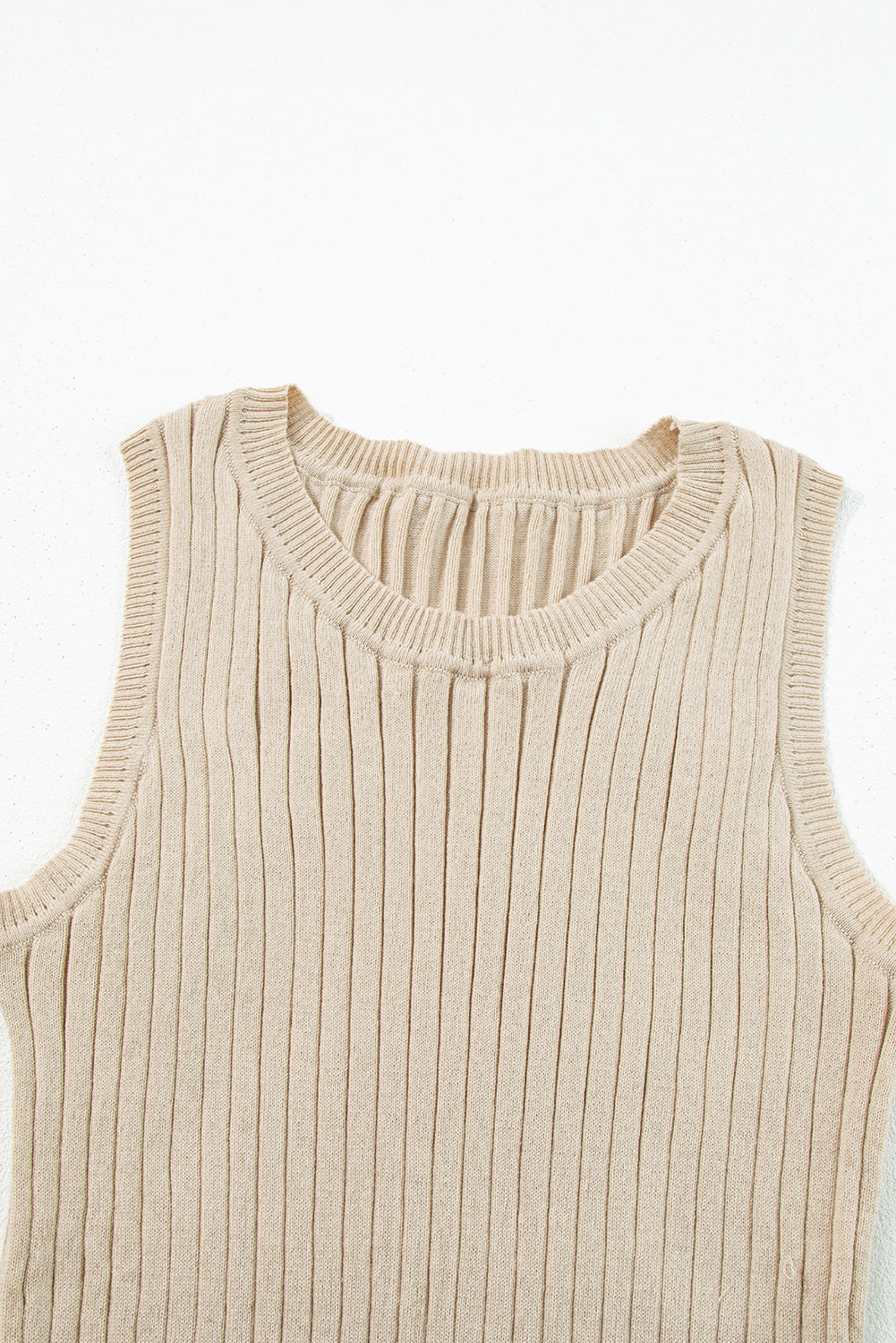 Apricot Ribbed Knit Crew Neck Tank Top