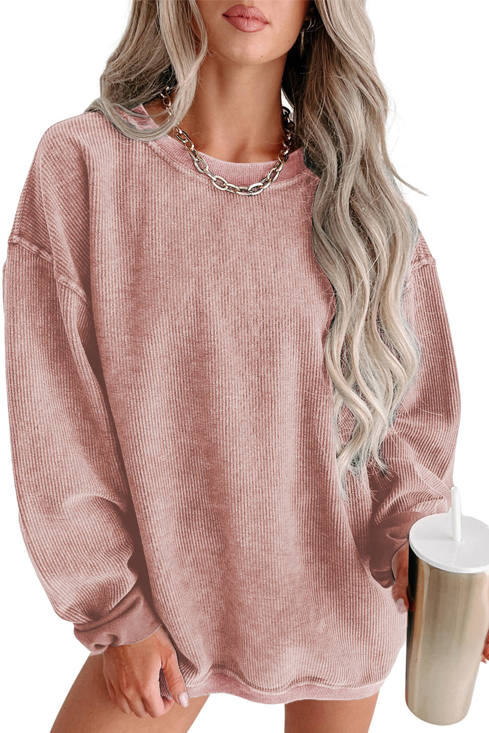 Pink Solid Ribbed Knit Round Neck Pullover Sweatshirt