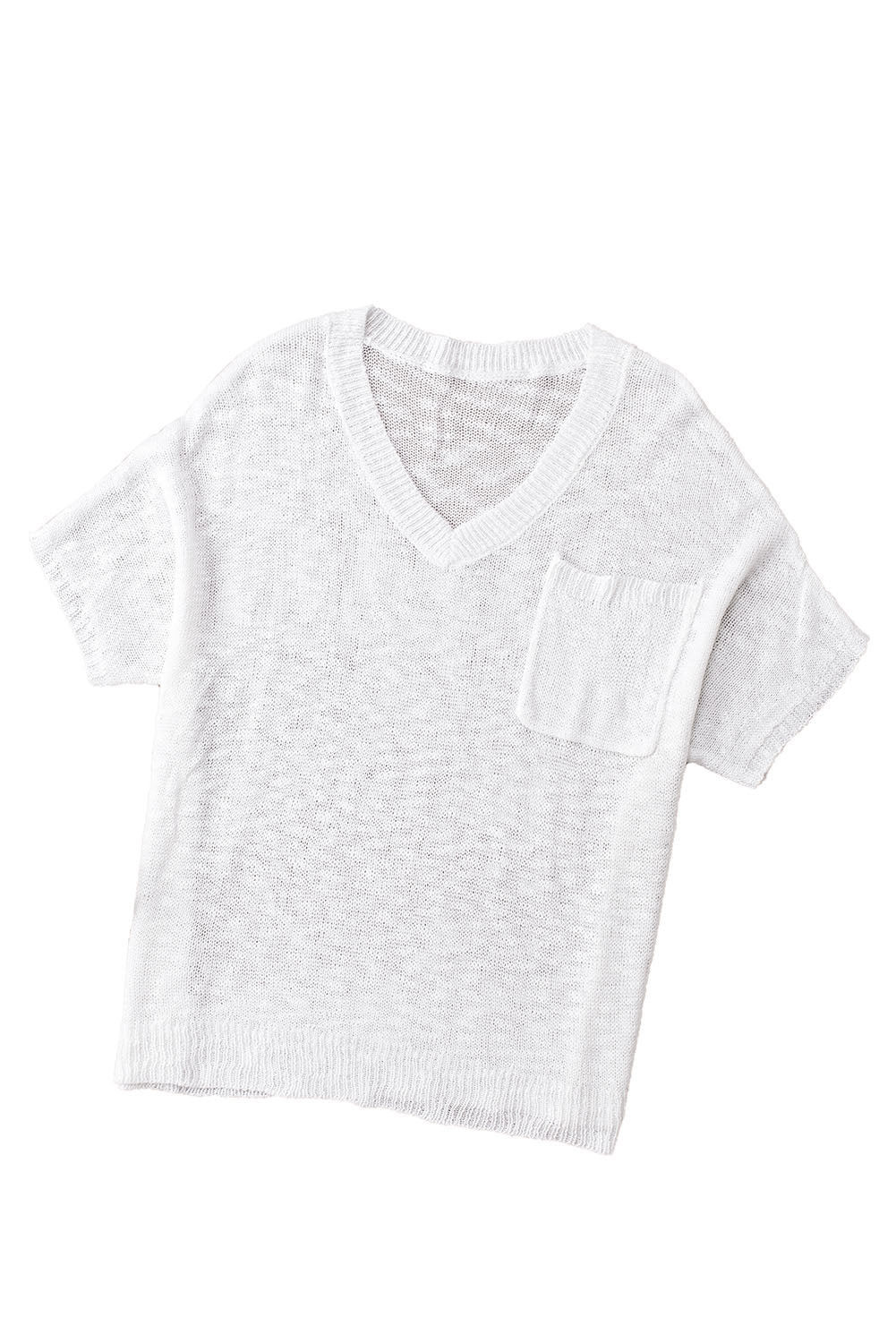 V Neck Knitted Short Sleeve Top with Pocket