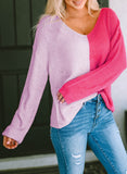 Khaki Long Sleeve V-Neck Colorblock Sweater