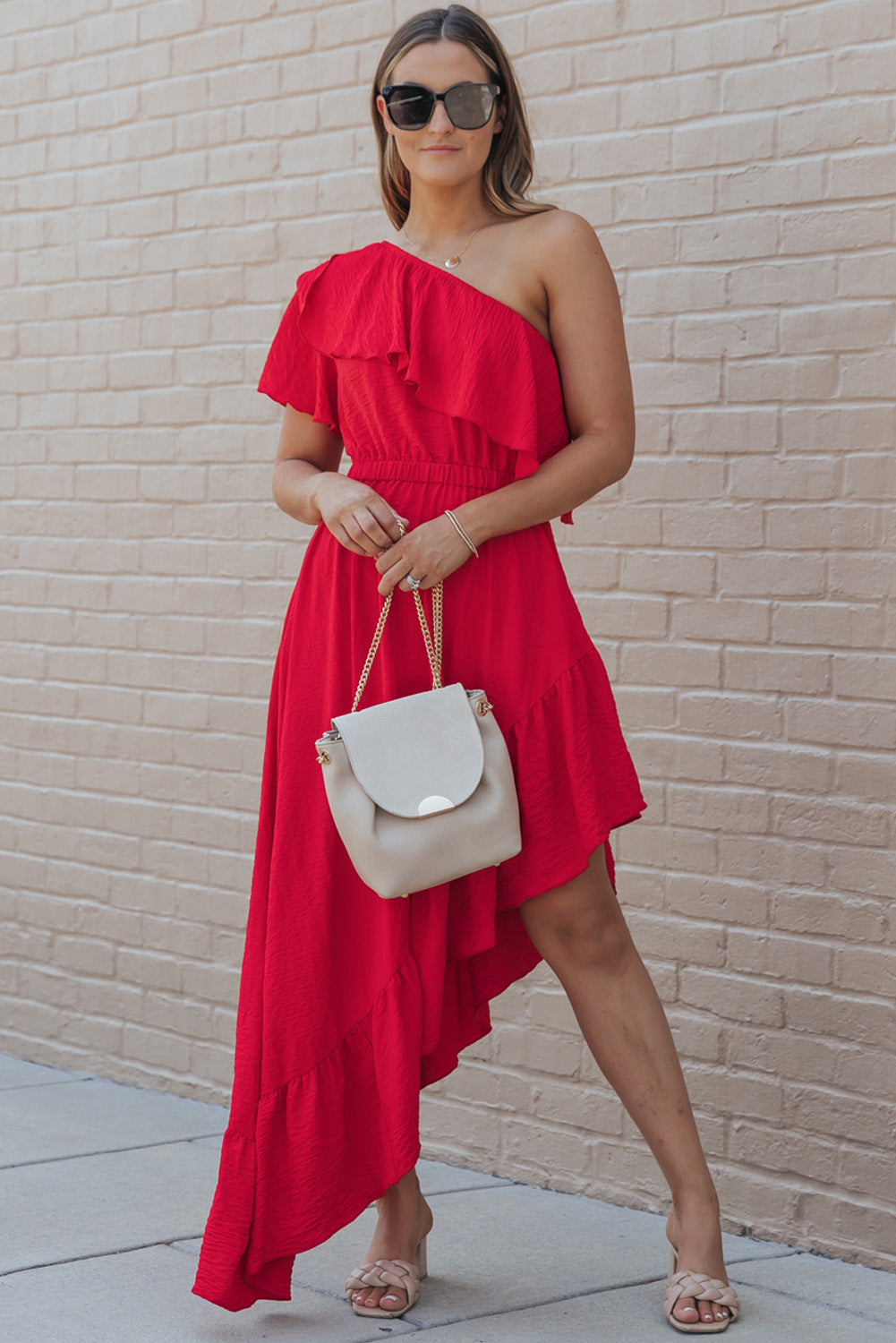 One Shoulder Ruffle High Low Maxi Dress