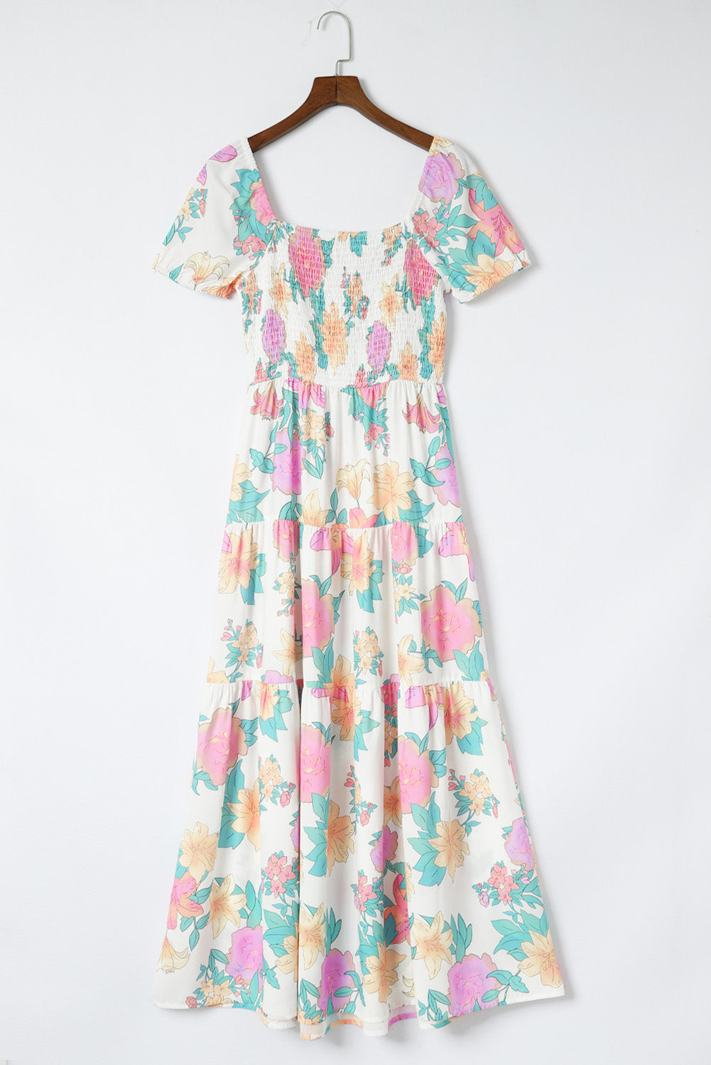 Robe longue multicolore à fleurs à plusieurs niveaux, col carré, manches bouffantes