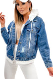 Distressed Contrast Hooded Denim Jacket with Pockets