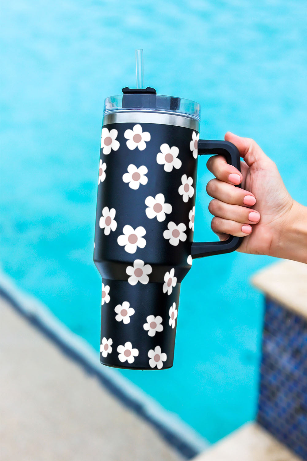 Floret Print Stainless Tumbler With Lid And Straw