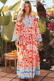 Orange Boho Geometric Printed Long Sleeve Maxi Dress