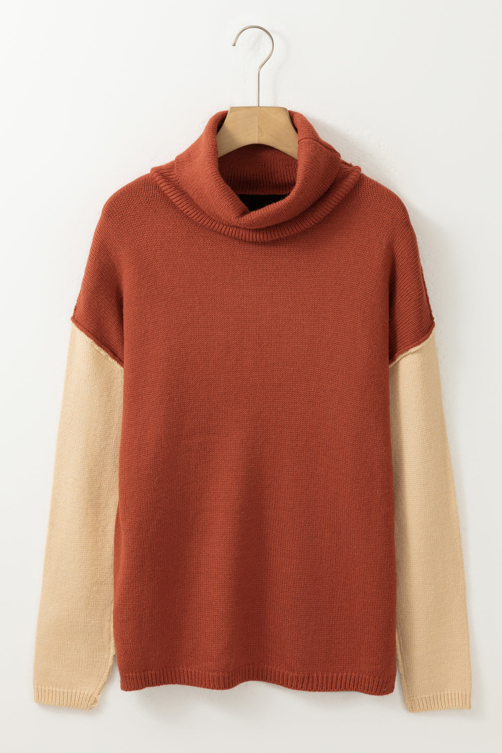 Khaki Color Block Turtle Neck Drop Shoulder Knit Sweater