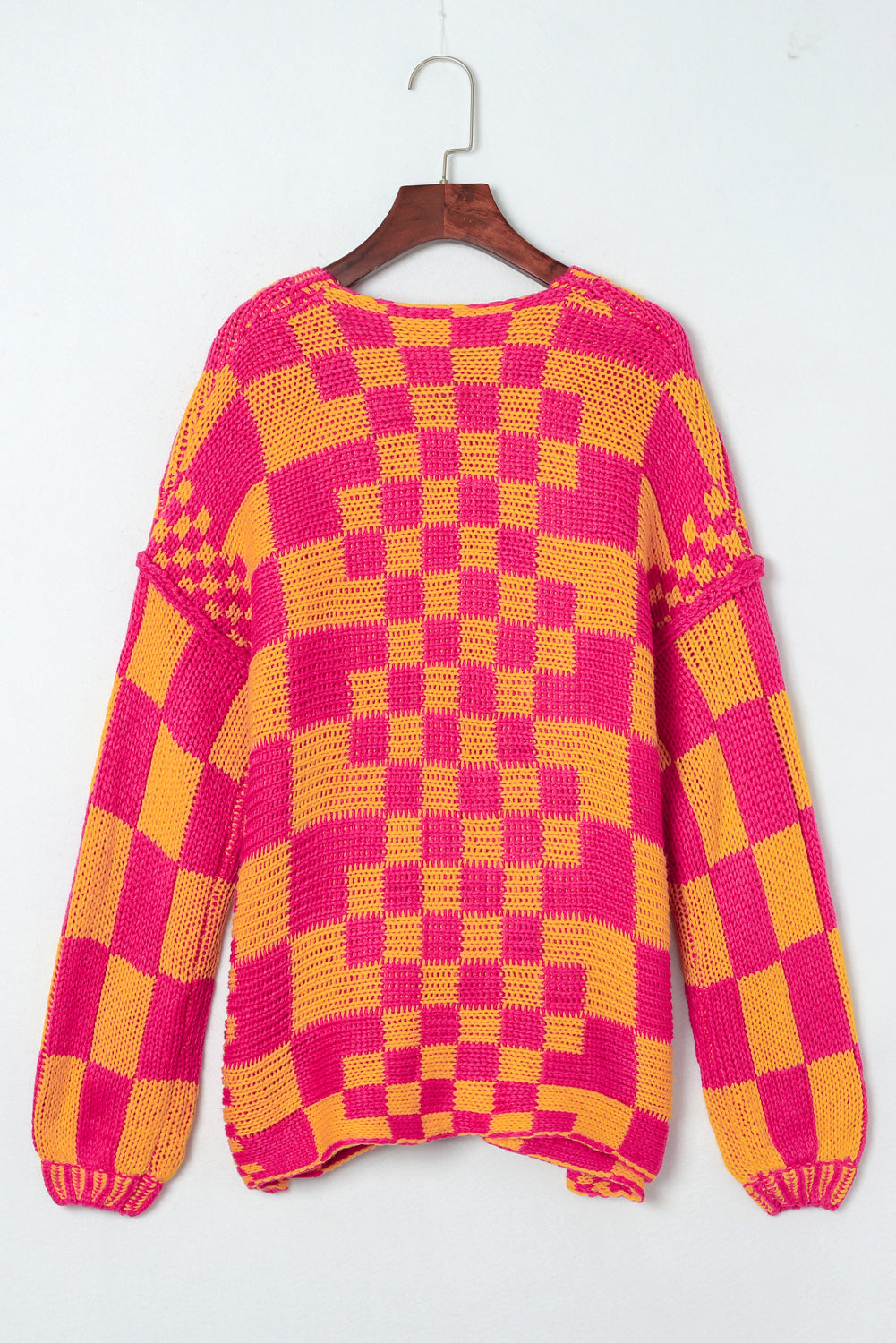 Open Front Mixed Checkered Pattern Knit Cardigan