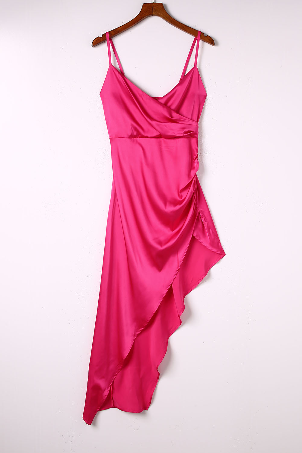 Ruched Wrap V Neck Slit Satin Dress