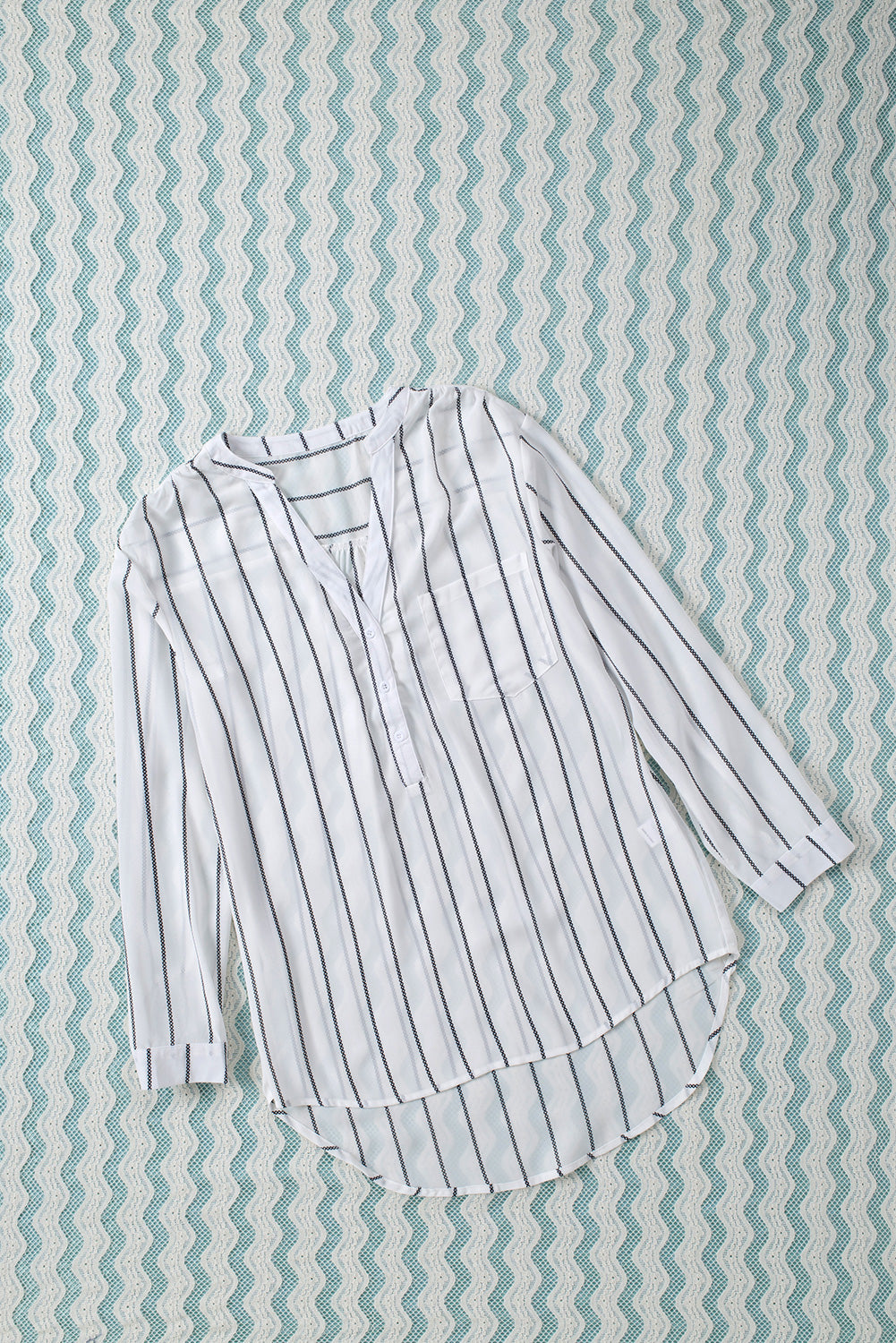 Striped V Neck Pocket Long Sleeve Top