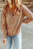 Black Lace Waffle Patchwork Strappy V Neck Long Sleeve Top