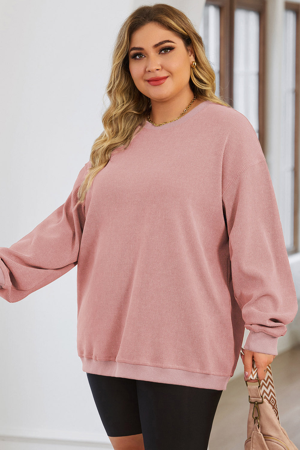 Pink Solid Ribbed Knit Round Neck Pullover Sweatshirt