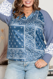 Leopard Paisley Patchwork Split Neck Plus Size Top