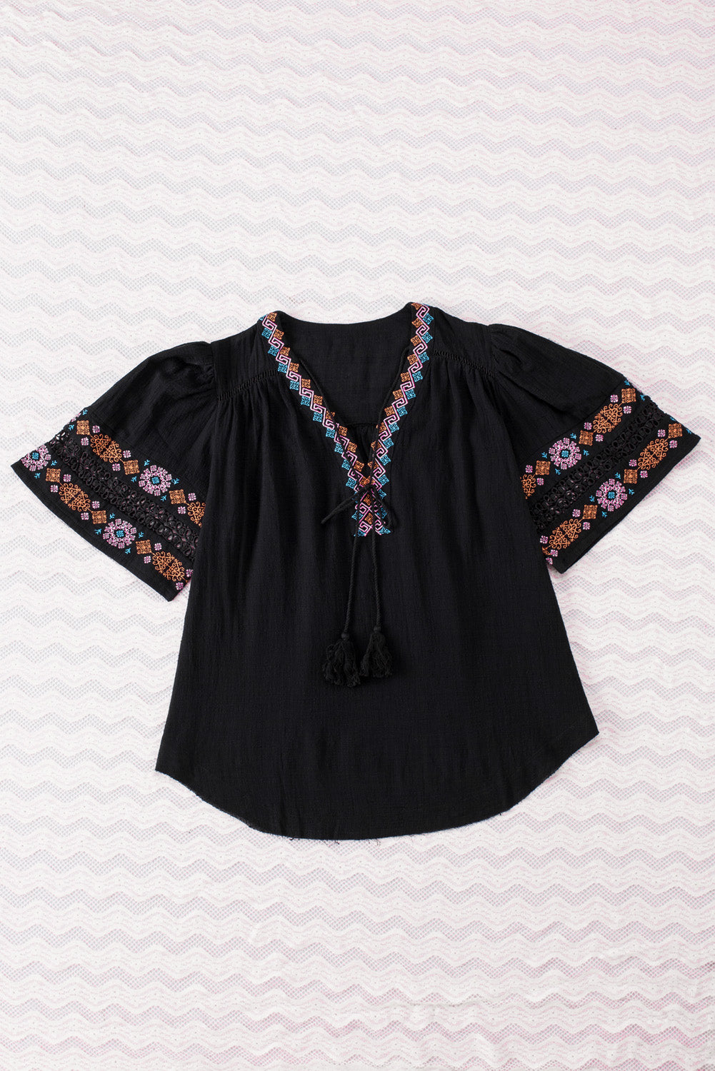 Tassel Drawstring Embroidered Half Sleeve V Neck Top