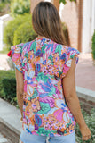 Floral Print Flutter Sleeves Smocked Neck Blouse