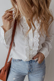 White Lace Crochet Trim Turn Down Collar Buttoned Shirt