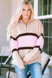 Striped Color Block Knit Zip Collared Sweater