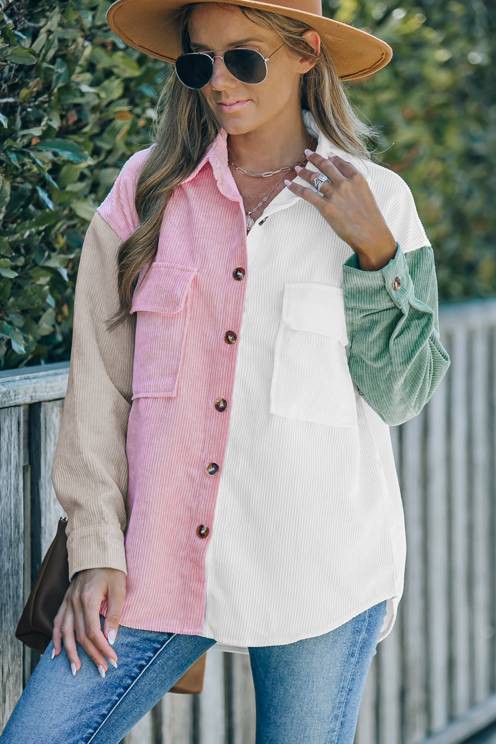 Pink Color Block Button Shirt with Pocket