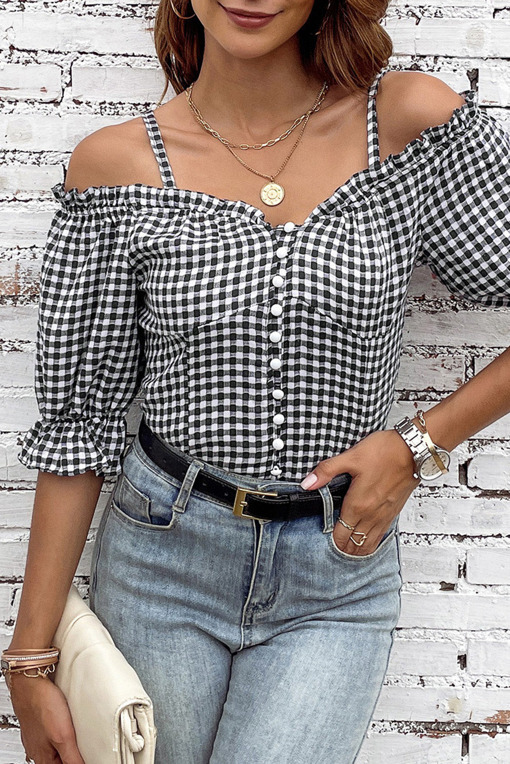 Sweetheart Gingham Button Down Cold Shoulder Blouse