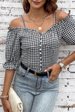 Sweetheart Gingham Button Down Cold Shoulder Blouse